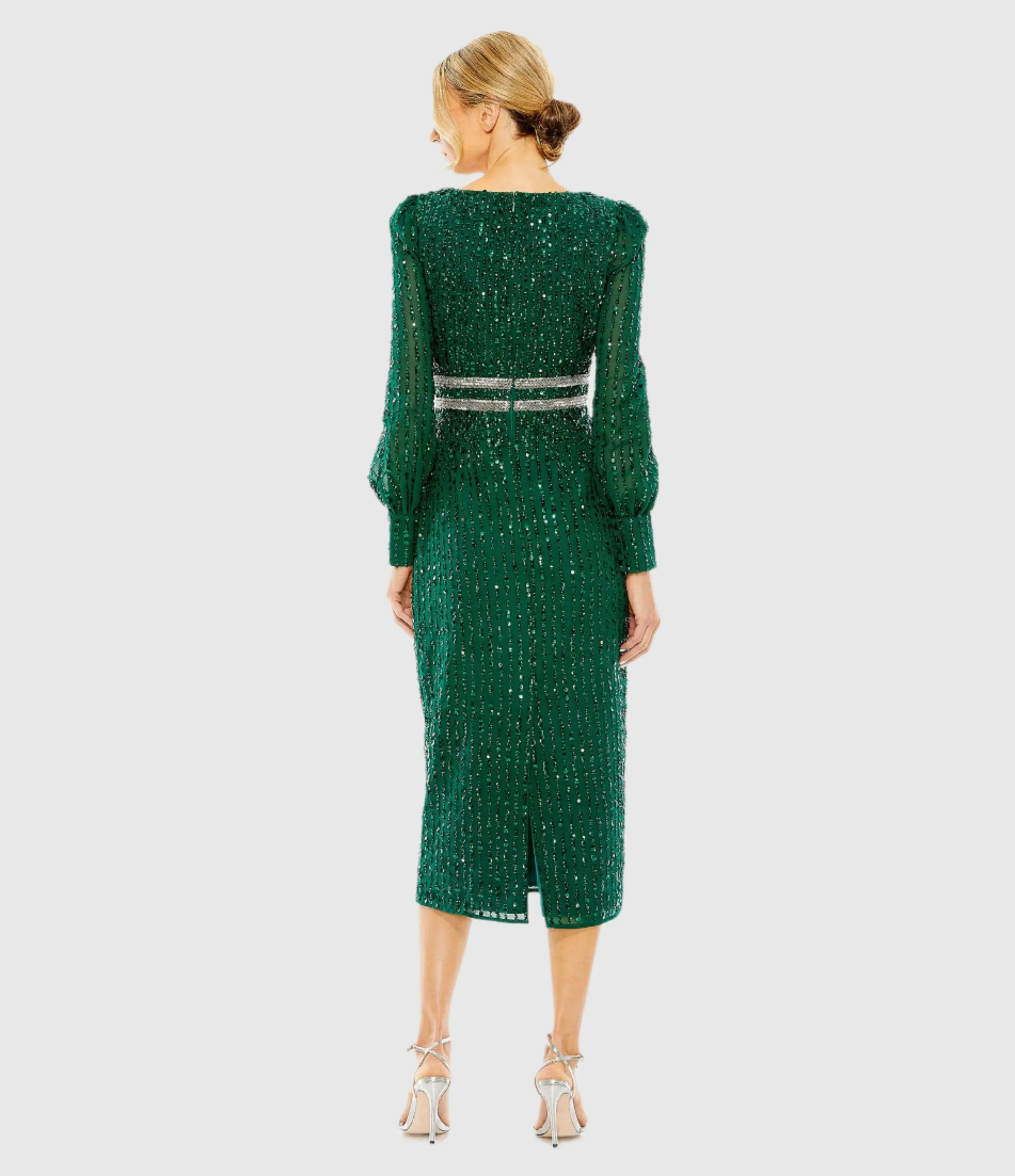 Green Sequined V Neck Bishop Sleeve Dress sold by Mac Duggal product image thumbnail 3