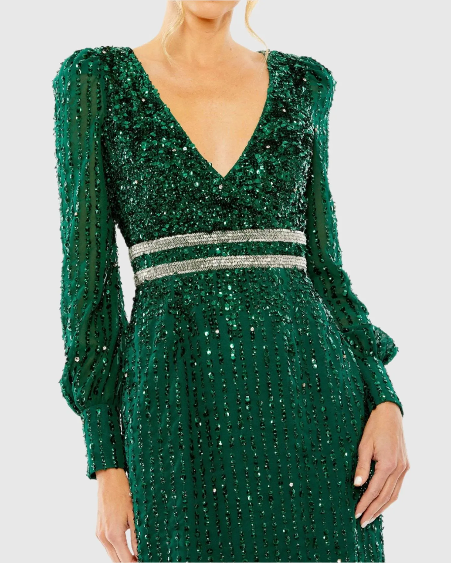 Green Sequined V Neck Bishop Sleeve Dress sold by Mac Duggal product image thumbnail 2