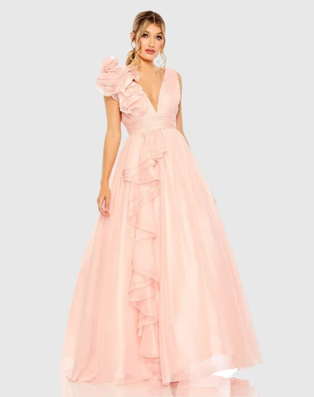 Light Pink Ruffle Shoulder V-Neck Chiffon Gown sold by Mac Duggal