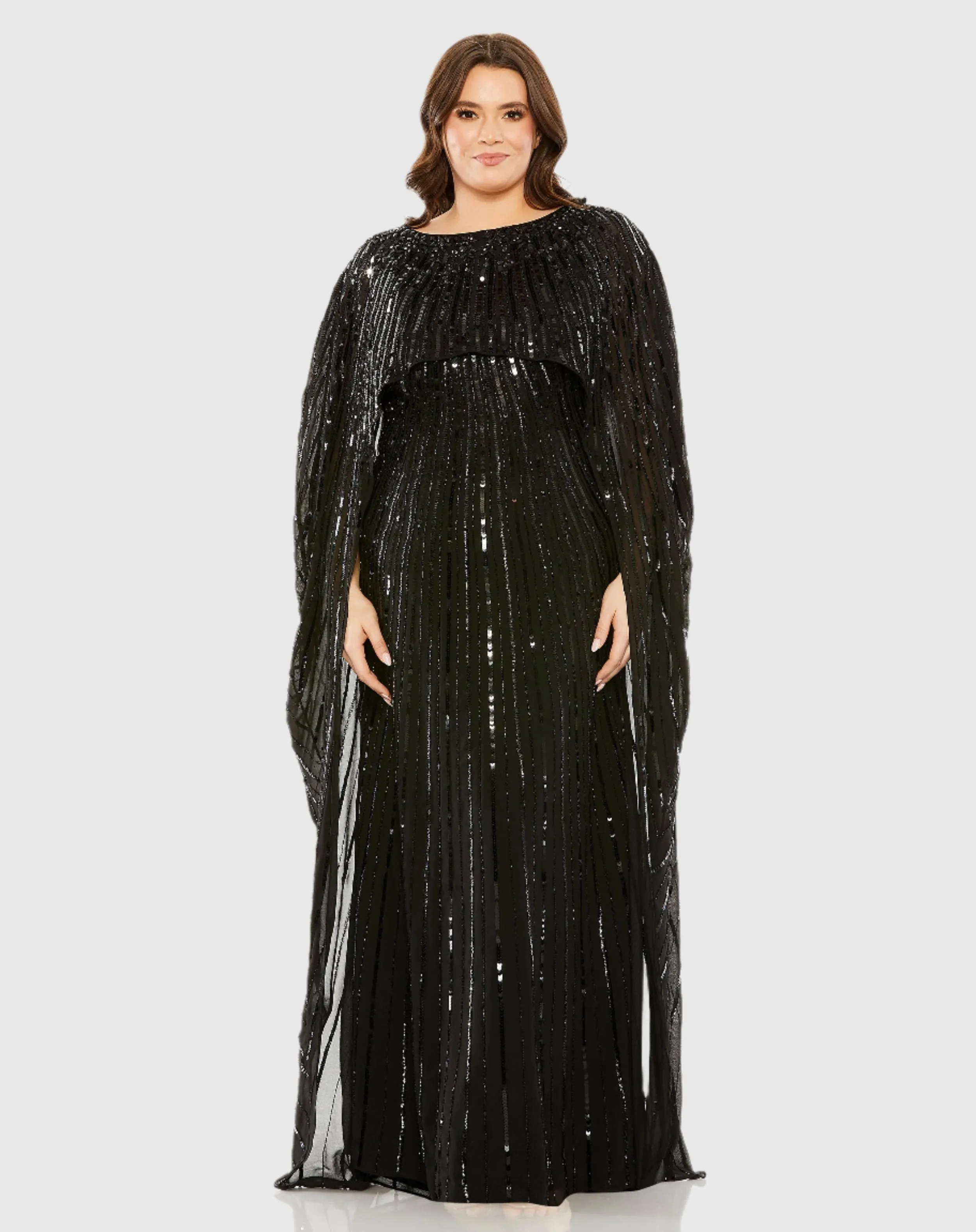 Black Embellished Column Cape Gown sold by Mac Duggal