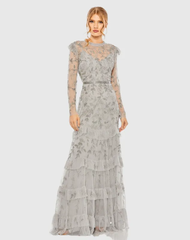Silver High Neck Flutter Cap Long Sleeve Tiered Embellished Gown sold by Mac Duggal