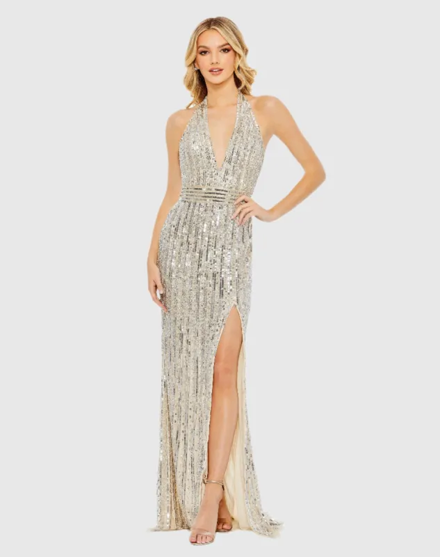 Silver Sequined Halter Strap Trumpet Gown sold by Mac Duggal