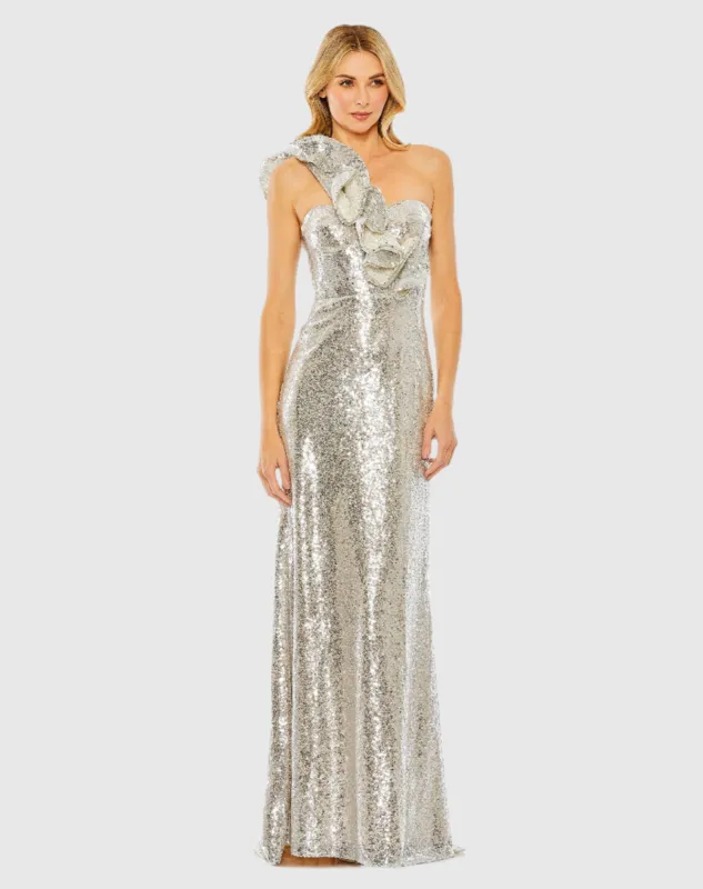 Sequin Ruffled One Shoulder Gown sold by Mac Duggal