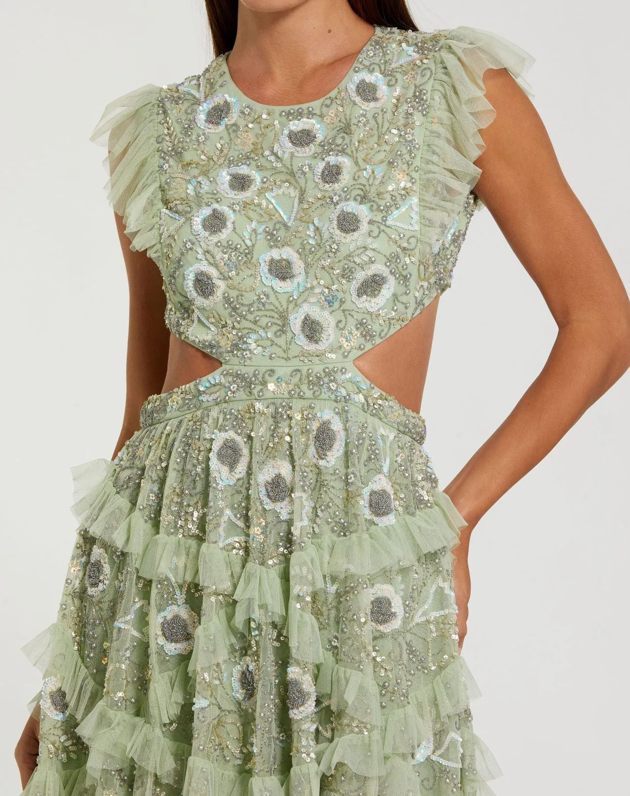 Green Embellished Jewel Neck Tulle Ruffle Mini Dress sold by Mac Duggal product image thumbnail 2