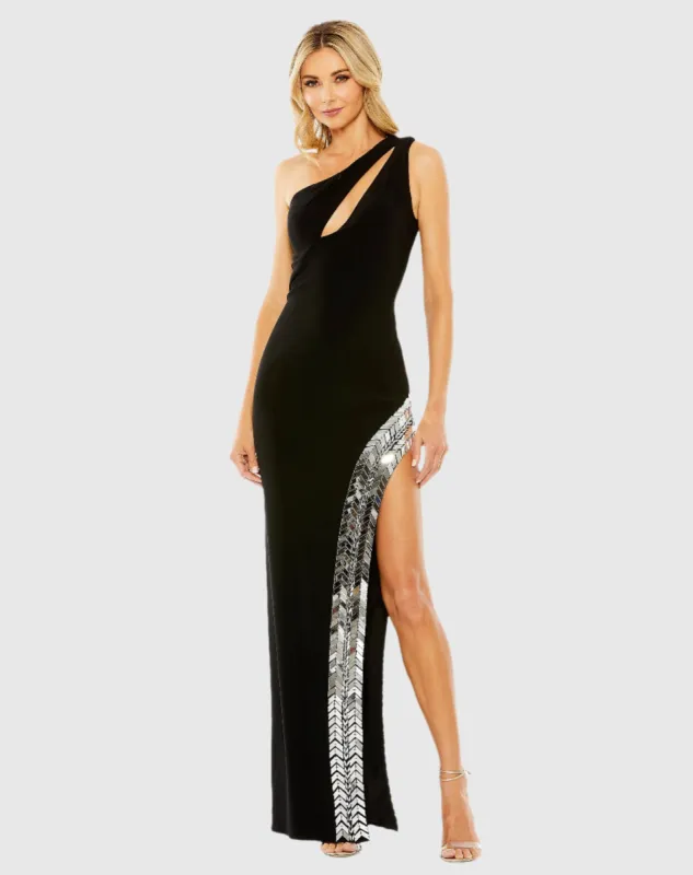 One Shoulder Cut Out Mirror Sequin High Slit Gown sold by Mac Duggal