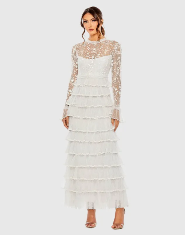 White Embroidered Long Sleeve Ruffled Tiered Dress sold by Mac Duggal