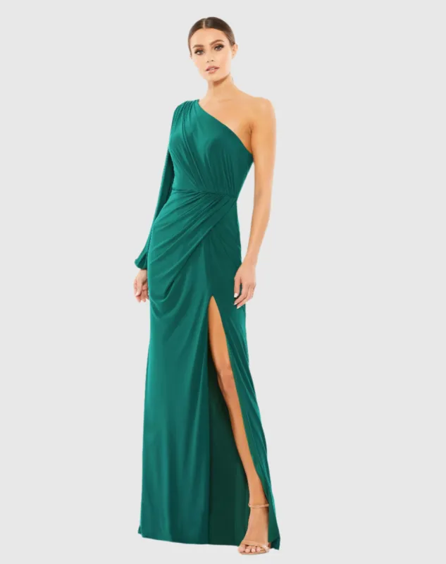 One Shoulder Puff Sleeve Faux Wrap Gown sold by Mac Duggal