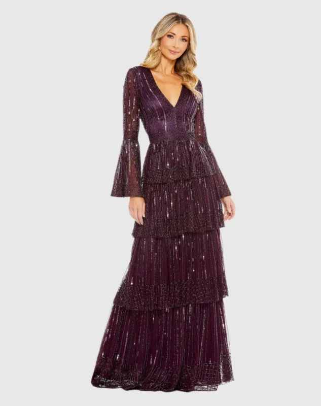Purple Embellished Bell Sleeve Tiered Gown sold by Mac Duggal