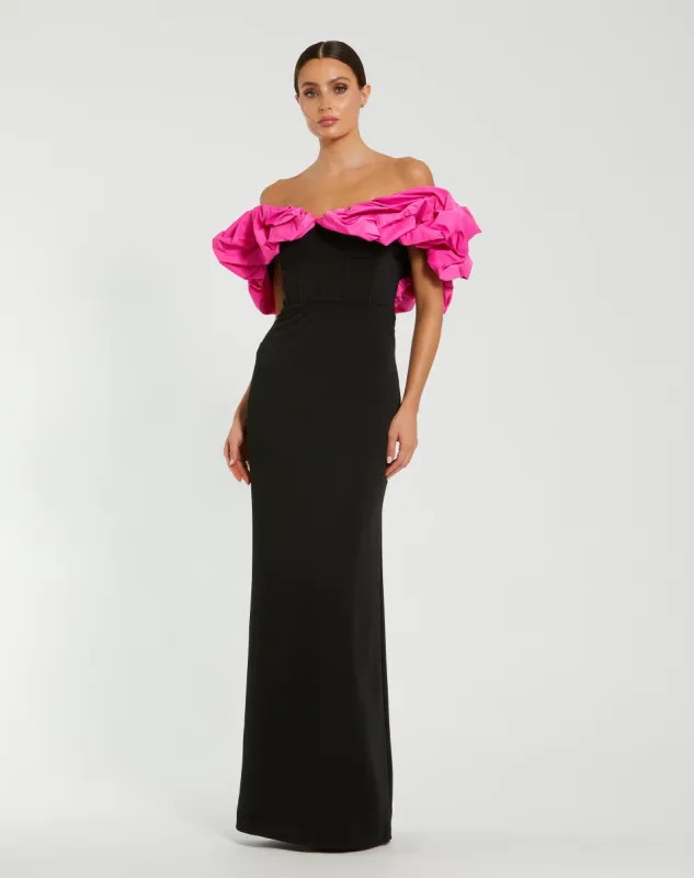 Black Crepe & Faille Off The Shoulder Gown sold by Mac Duggal