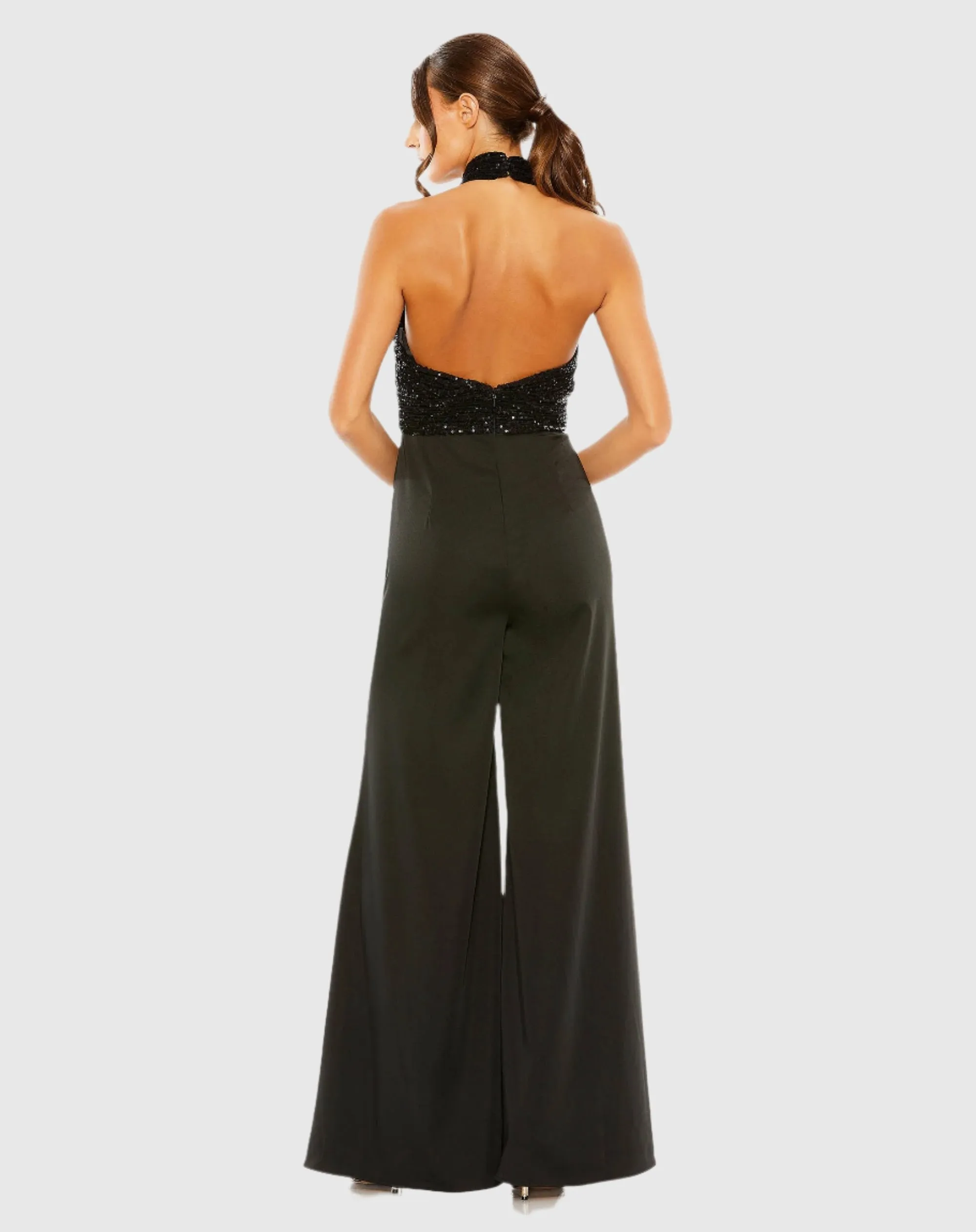 Black Sequined Cross Neck Halter Jumpsuit sold by Mac Duggal product image thumbnail 3