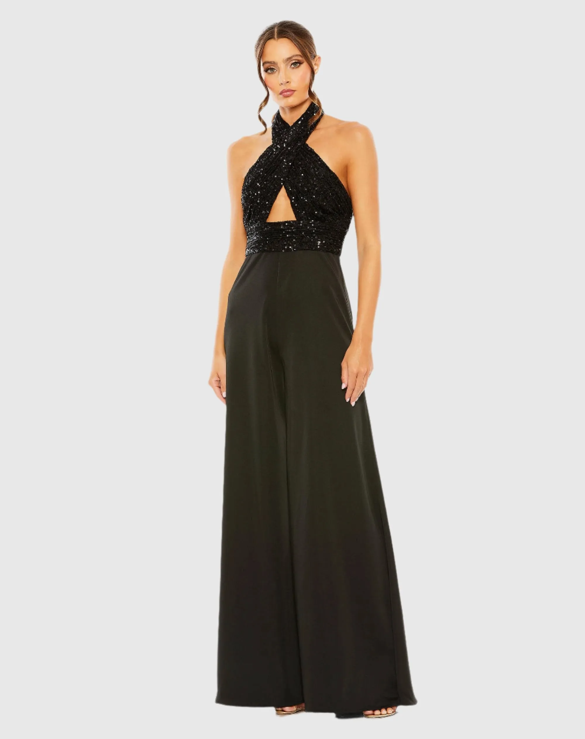 Black Sequined Cross Neck Halter Jumpsuit sold by Mac Duggal