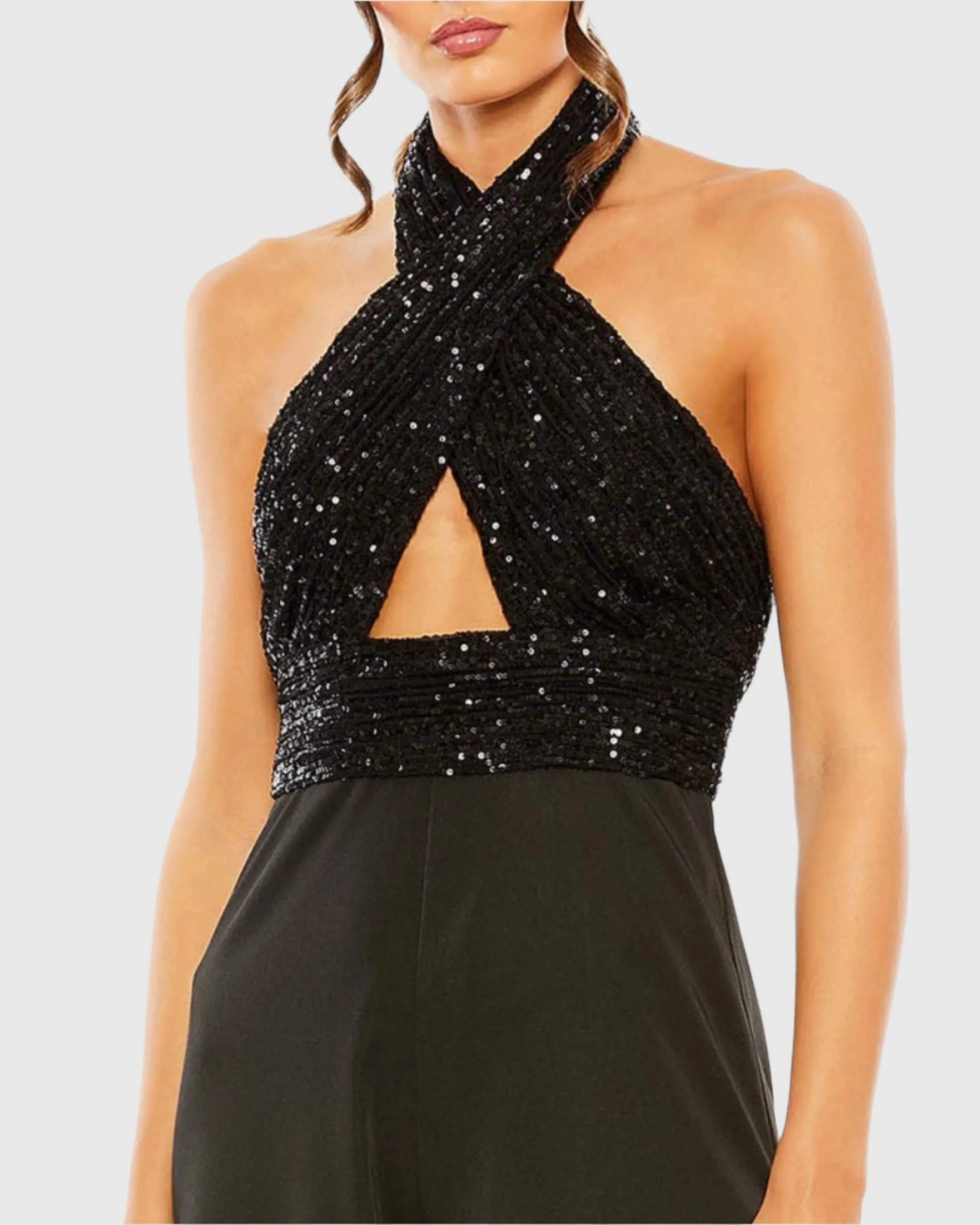 Black Sequined Cross Neck Halter Jumpsuit sold by Mac Duggal product image thumbnail 2
