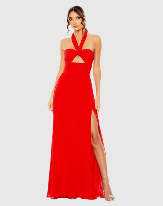 Red Ruched Halter Strap Keyhole Chiffon Gown sold by Mac Duggal