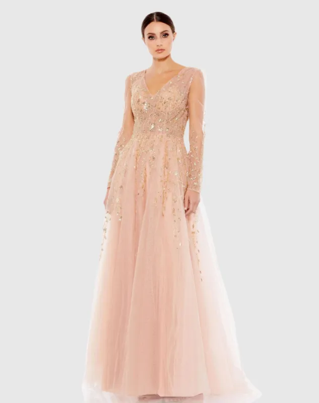 Pink Embellished V Neck Long Sleeve A Line Gown sold by Mac Duggal