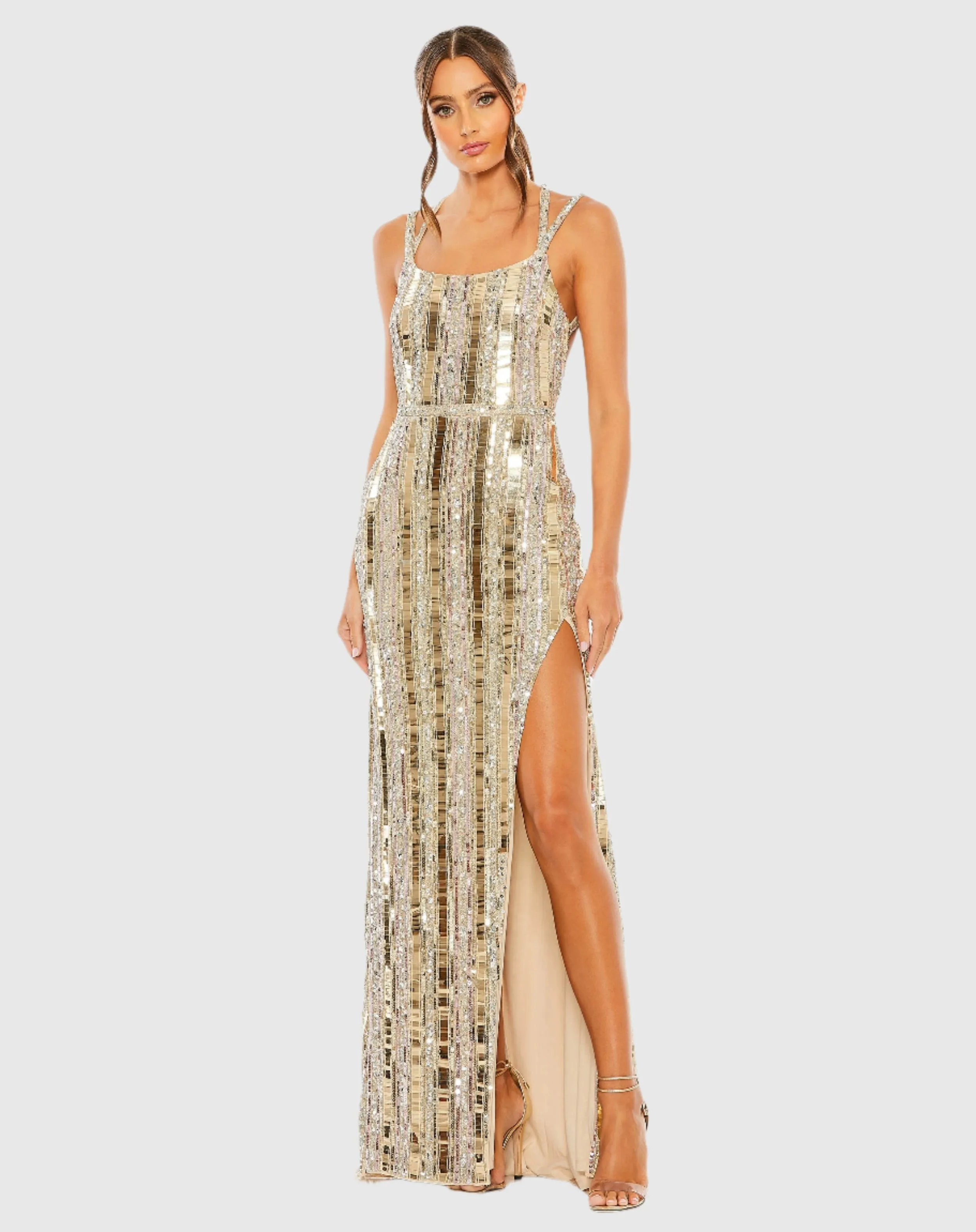 Gold and Silver Halter Neck Embellished Detailed Back Gown sold by Mac Duggal