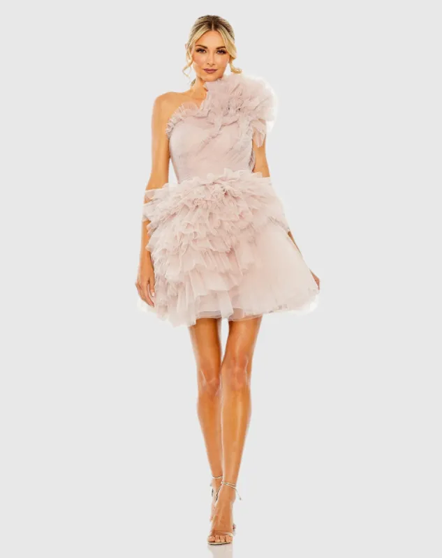 Pink Tulle Ruffle One Shoulder Mini Dress sold by Mac Duggal