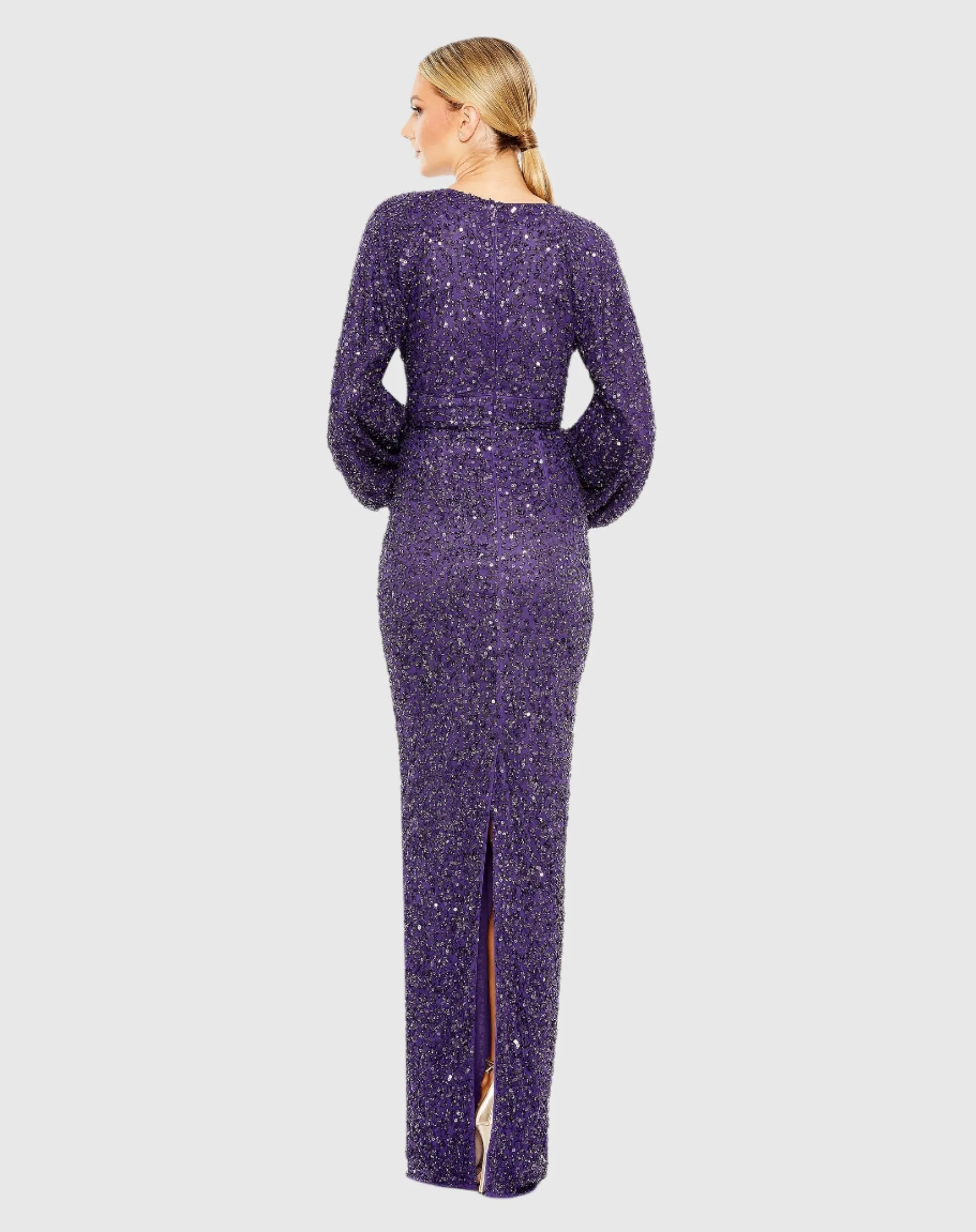 Purple Sequined Puff Sleeve V Neck Gown sold by Mac Duggal product image thumbnail 3