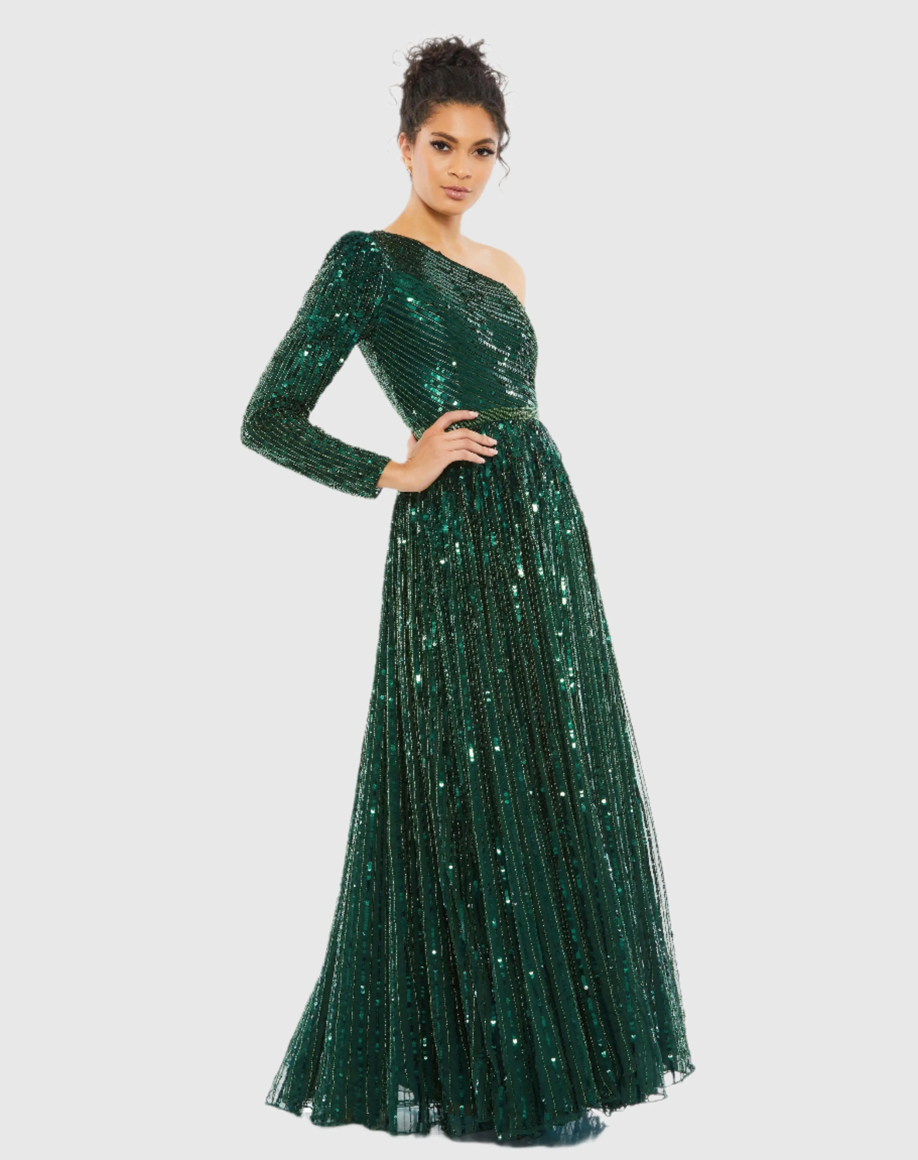 Green Sequined One Shoulder A Line Gown sold by Mac Duggal