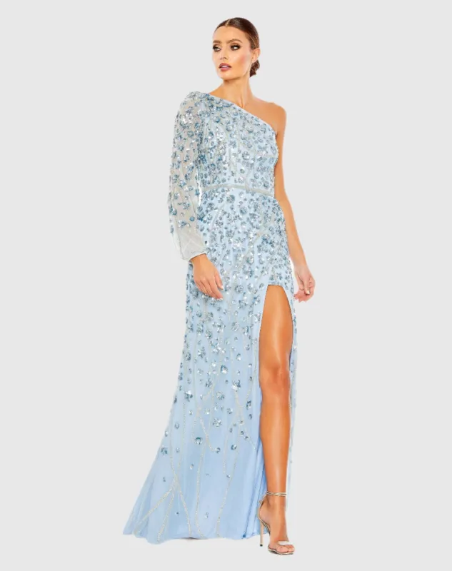 Blue Embellished One Sleeve Faux Wrap Gown sold by Mac Duggal