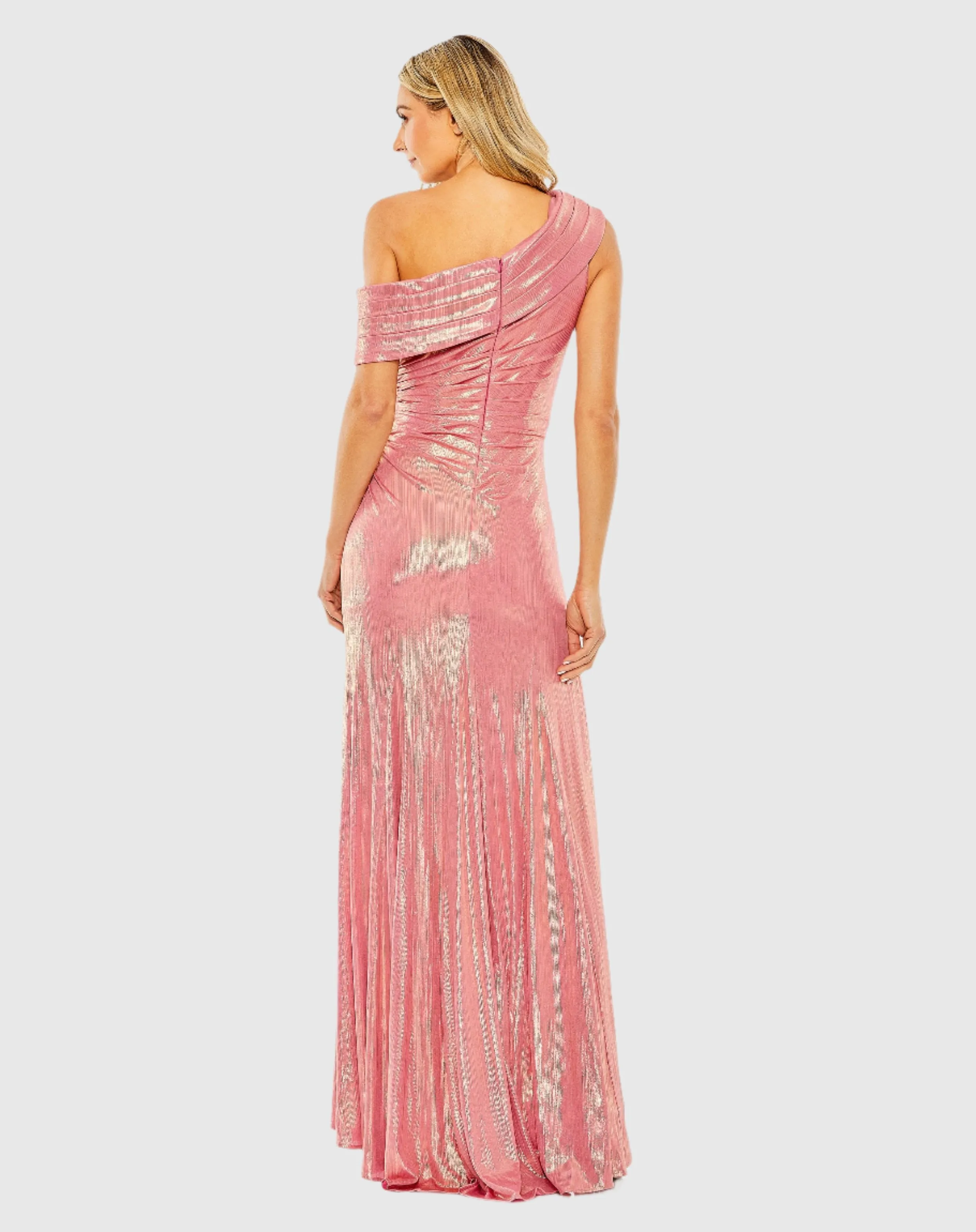Pink Off The Shoulder Ruched Waist Slit Metallic Gown sold by Mac Duggal product image thumbnail 3