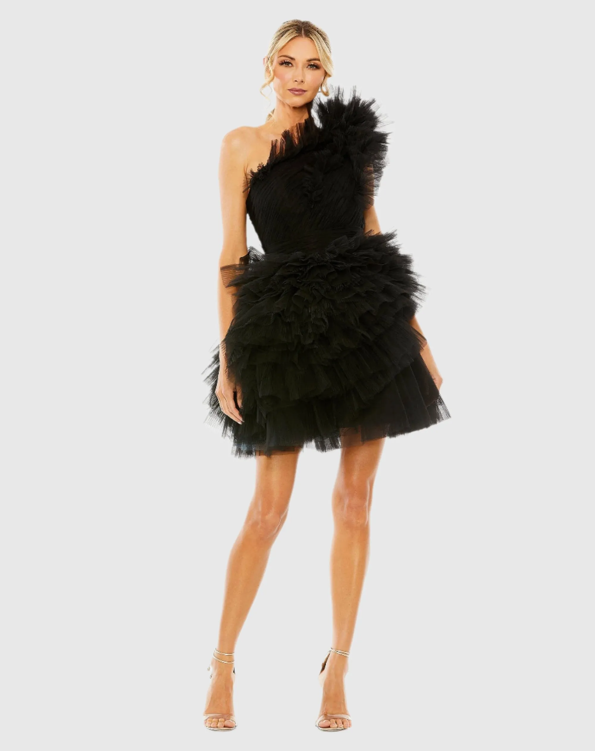 Tulle Ruffle One Shoulder Mini Dress sold by Mac Duggal