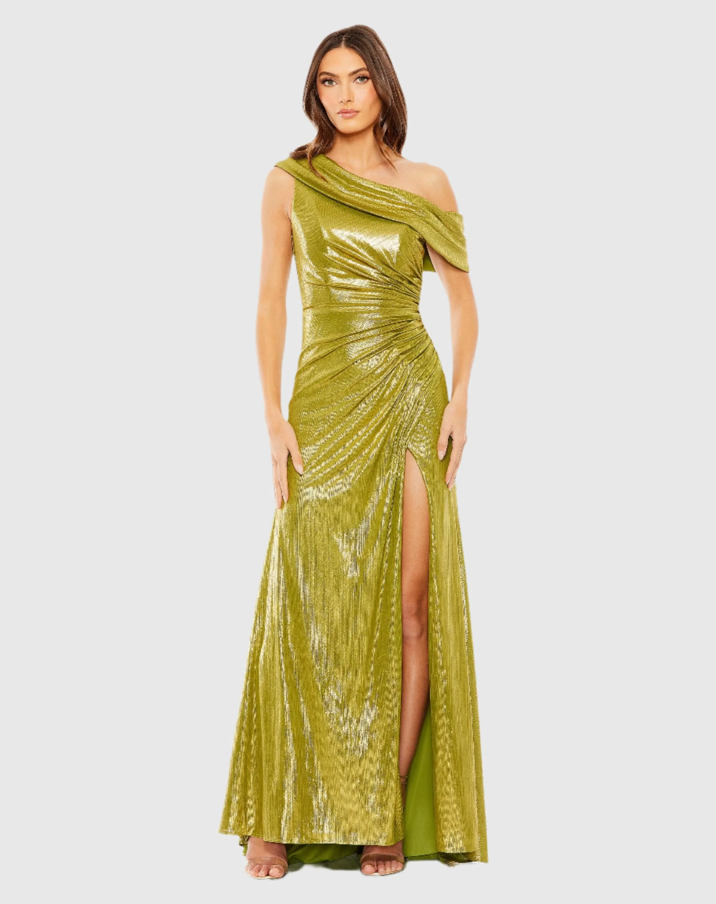 Off The Shoulder Ruched Waist Slit Metallic Gown sold by Mac Duggal product image thumbnail 2