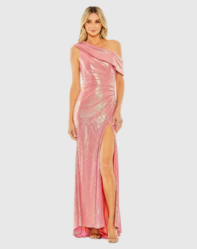 Off The Shoulder Ruched Waist Slit Metallic Gown sold by Mac Duggal