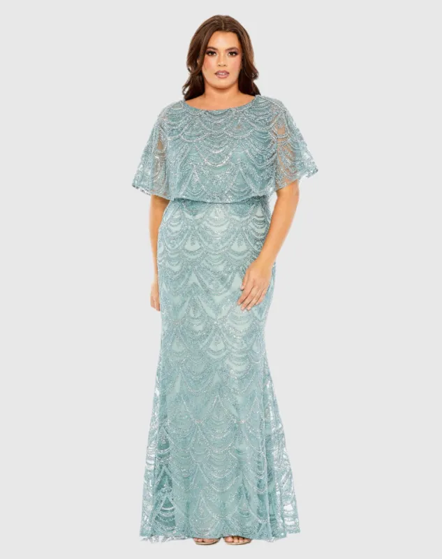 Blue High Neck Embellished Column Dress With Cape (Plus) sold by Mac Duggal