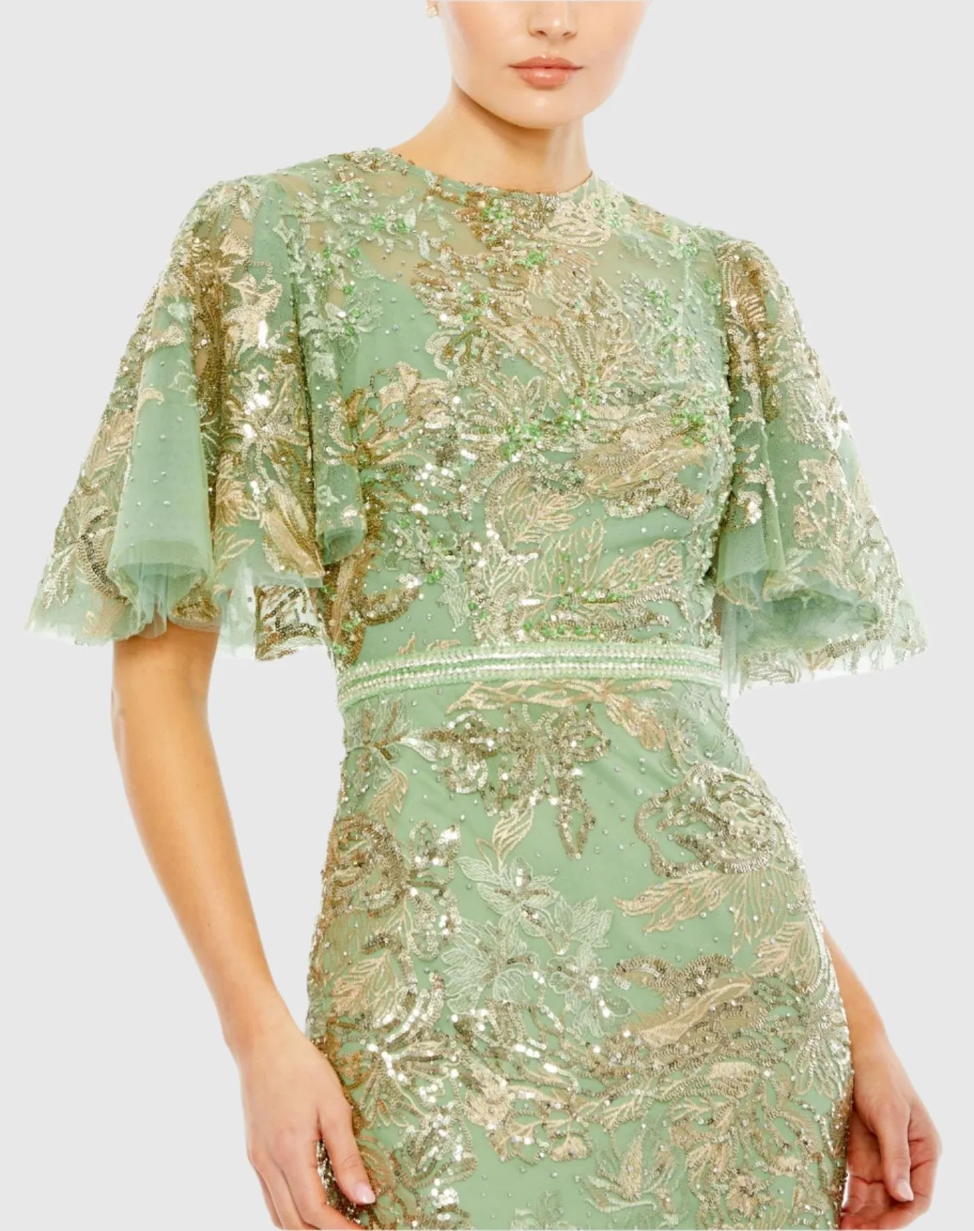 Green Embellished Flutter Sleeve High Neck Gown sold by Mac Duggal product image thumbnail 2