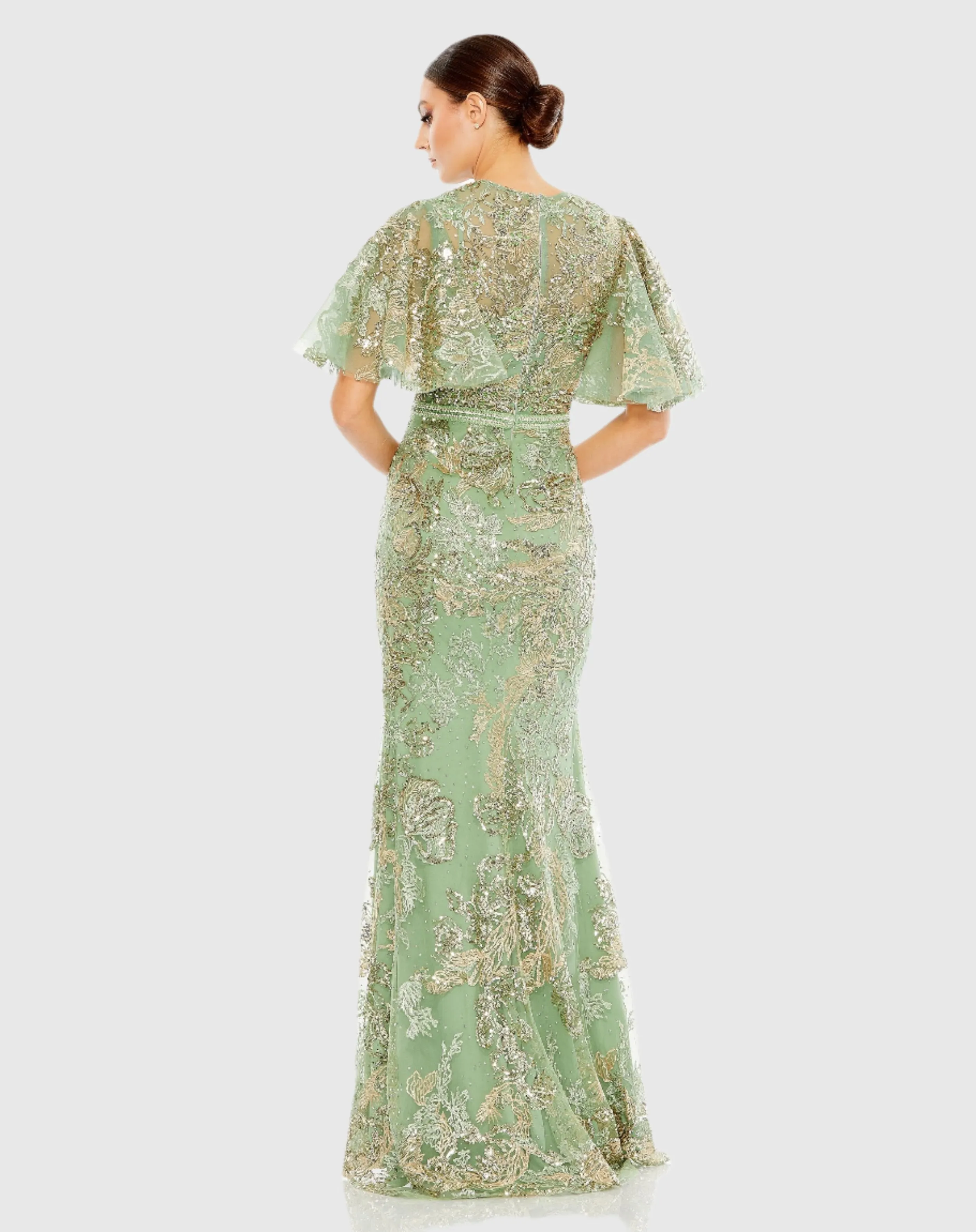 Green Embellished Flutter Sleeve High Neck Gown sold by Mac Duggal product image thumbnail 3