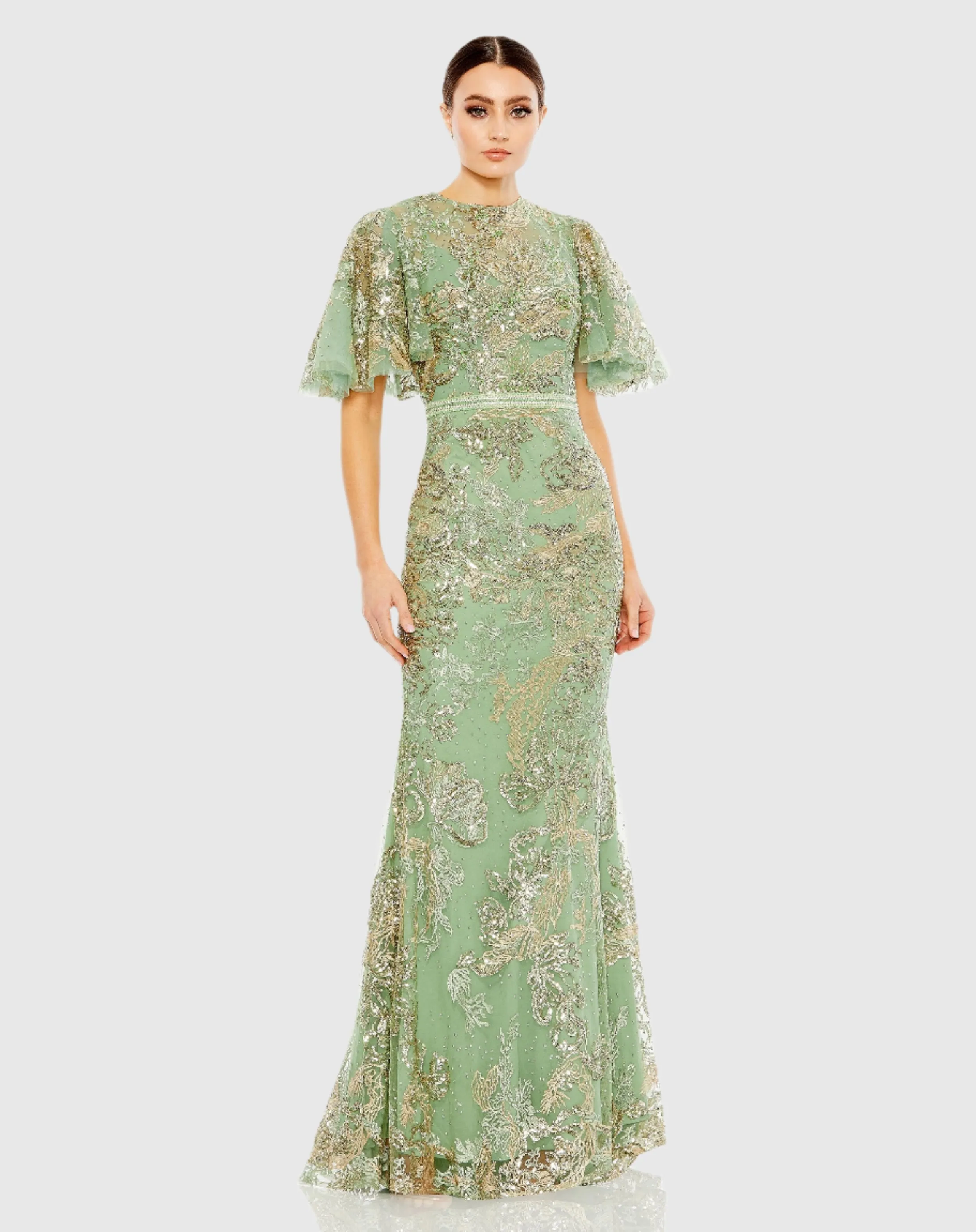 Green Embellished Flutter Sleeve High Neck Gown sold by Mac Duggal