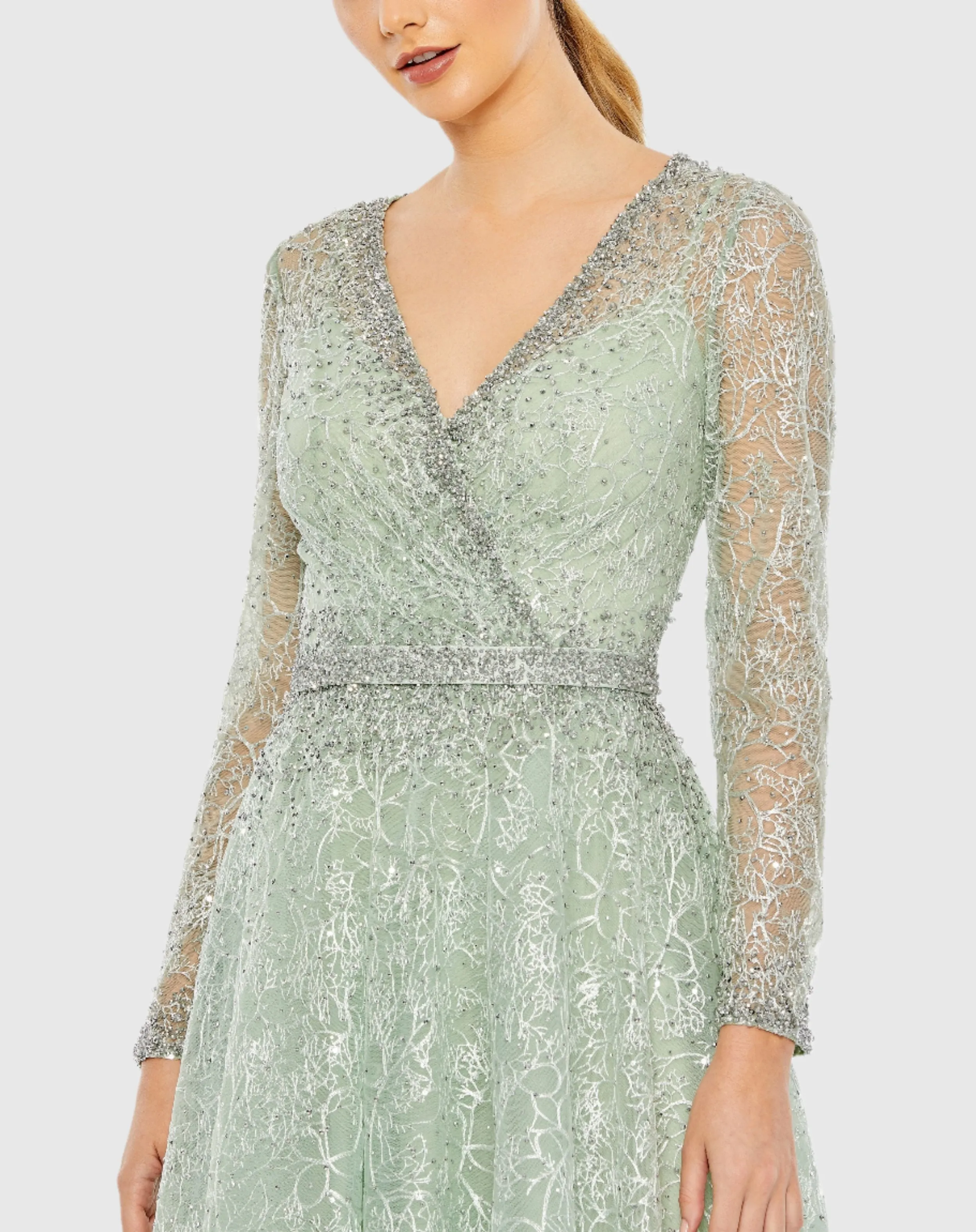 Green Embellished Wrap Over Long Sleeve Midi Dress - FINAL SALE sold by Mac Duggal product image thumbnail 2
