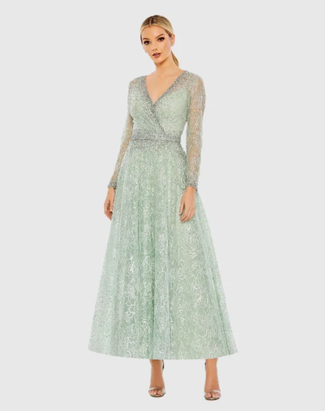 Green Embellished Wrap Over Long Sleeve Midi Dress - FINAL SALE sold by Mac Duggal