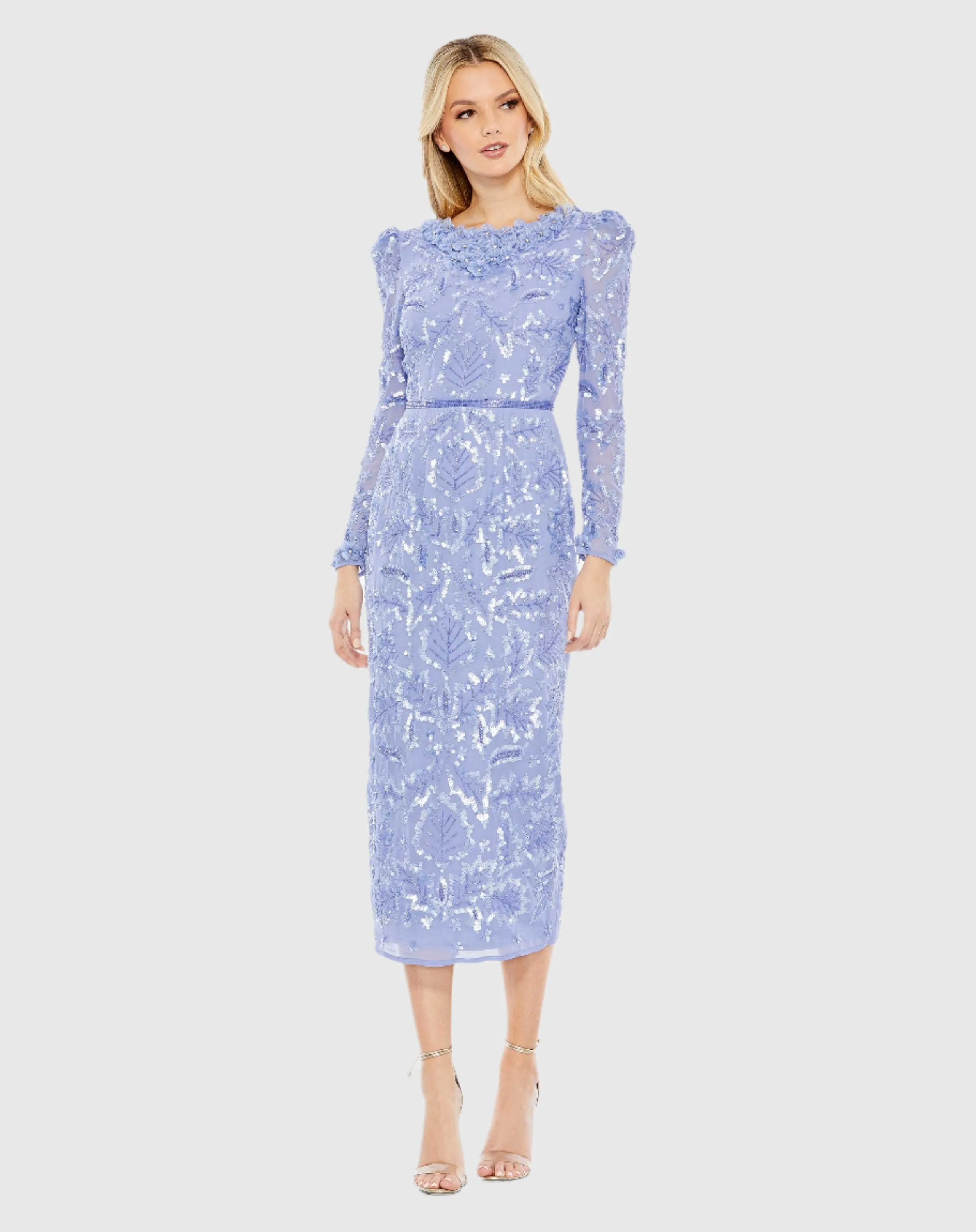 Purple Embellished High Neck Puff Sleeve Fitted Dress sold by Mac Duggal