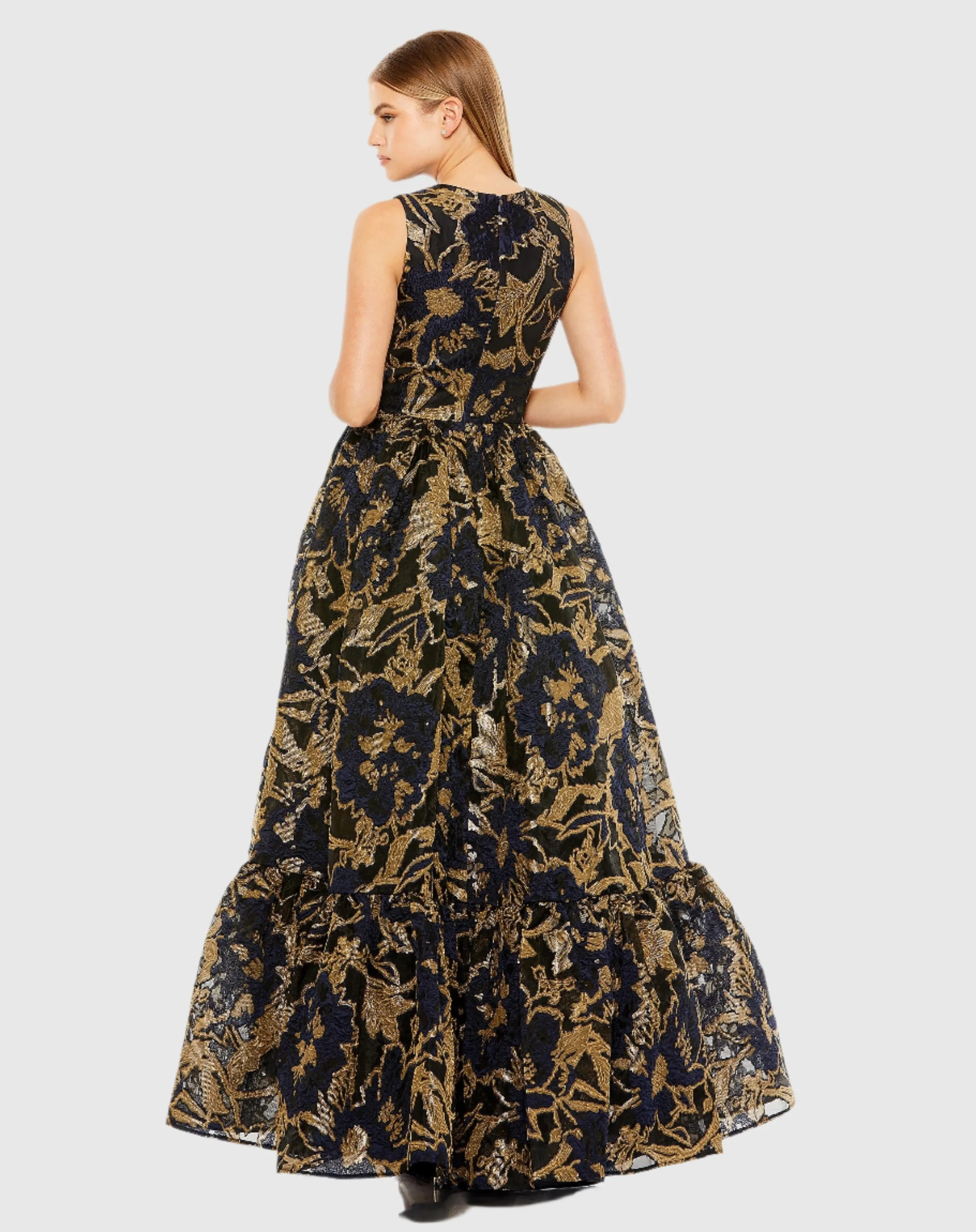 Navy and Gold Sleeveless High Low Brocade Gown sold by Mac Duggal product image thumbnail 3