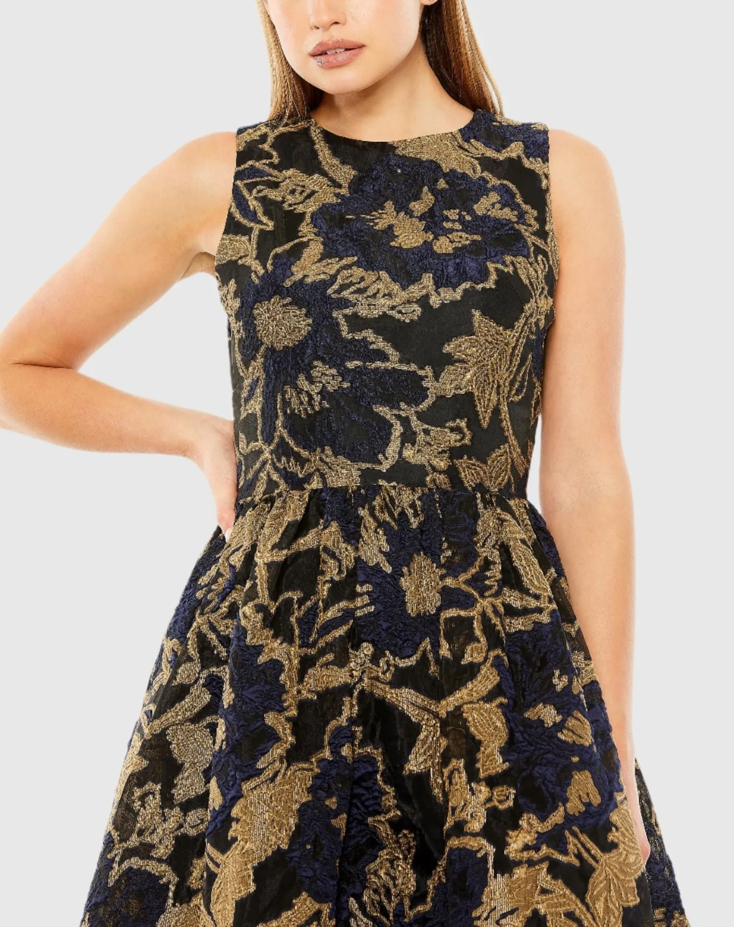Navy and Gold Sleeveless High Low Brocade Gown sold by Mac Duggal product image thumbnail 2