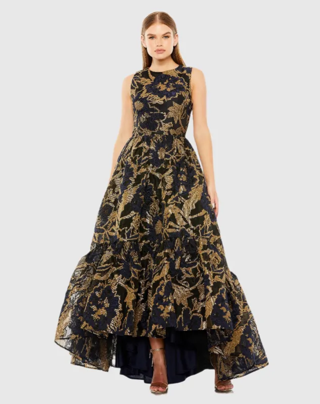 Navy and Gold Sleeveless High Low Brocade Gown sold by Mac Duggal