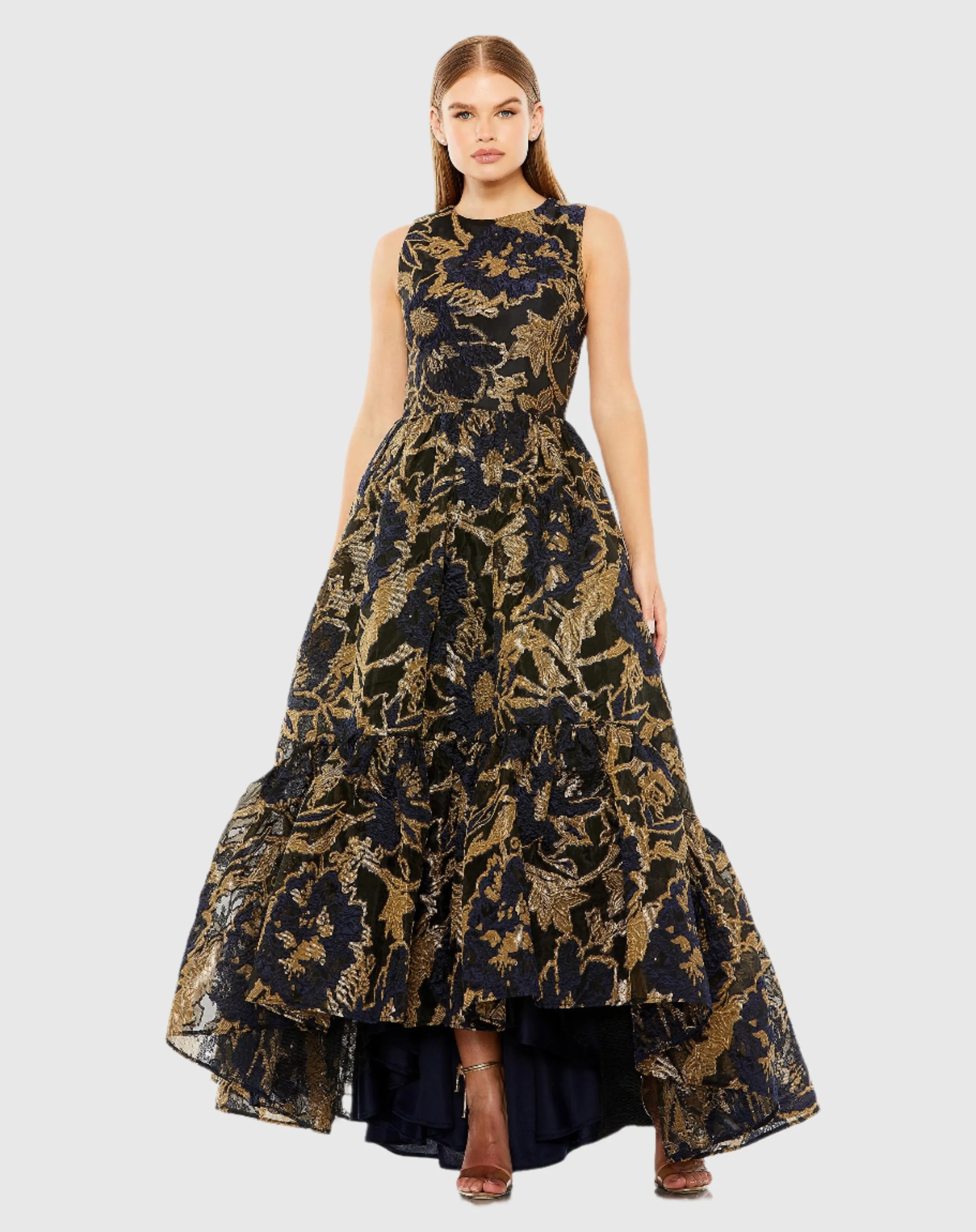 Navy and Gold Sleeveless High Low Brocade Gown sold by Mac Duggal