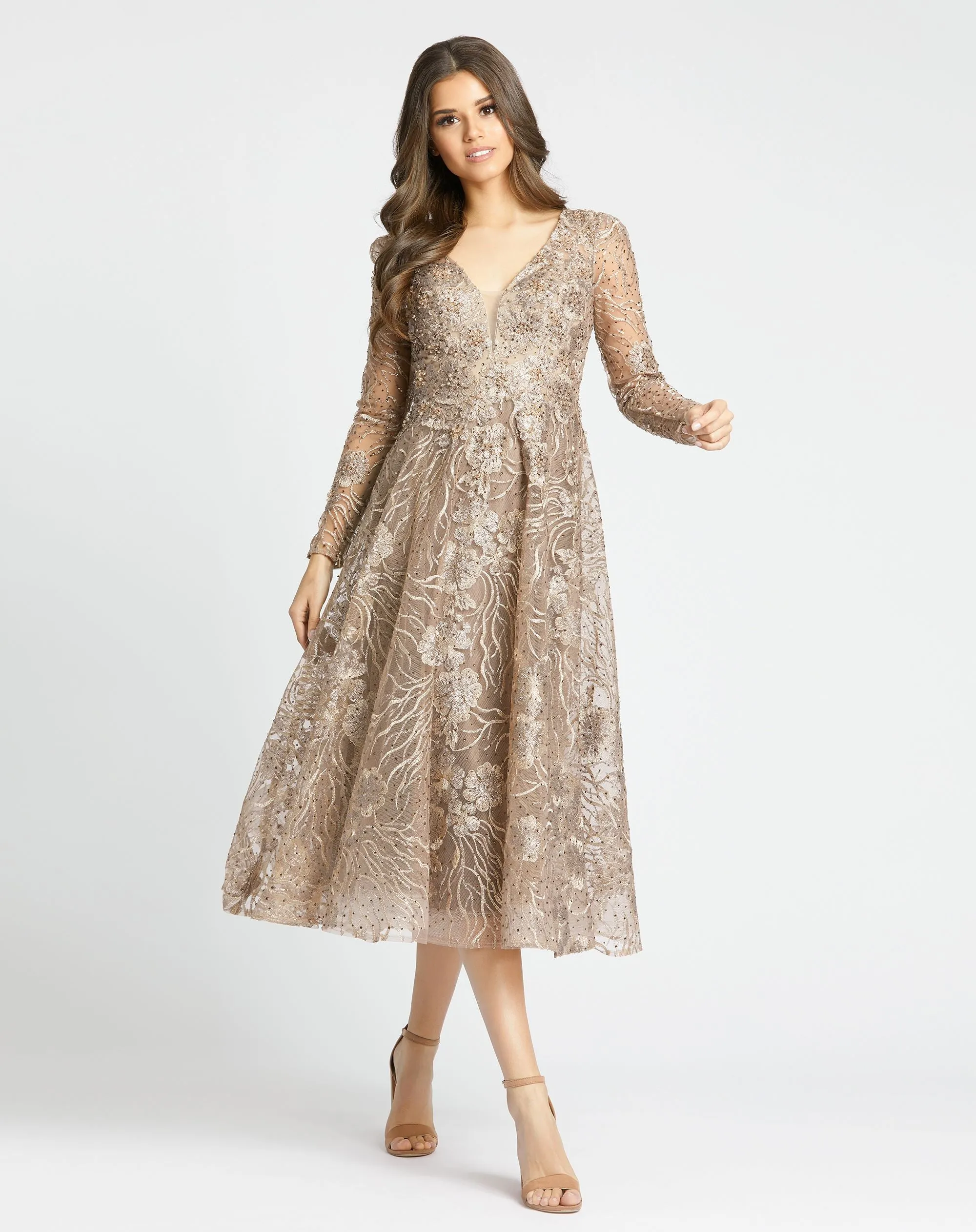 Beige Embellished Plunge Neck Long Sleeve Midi Dress sold by Mac Duggal