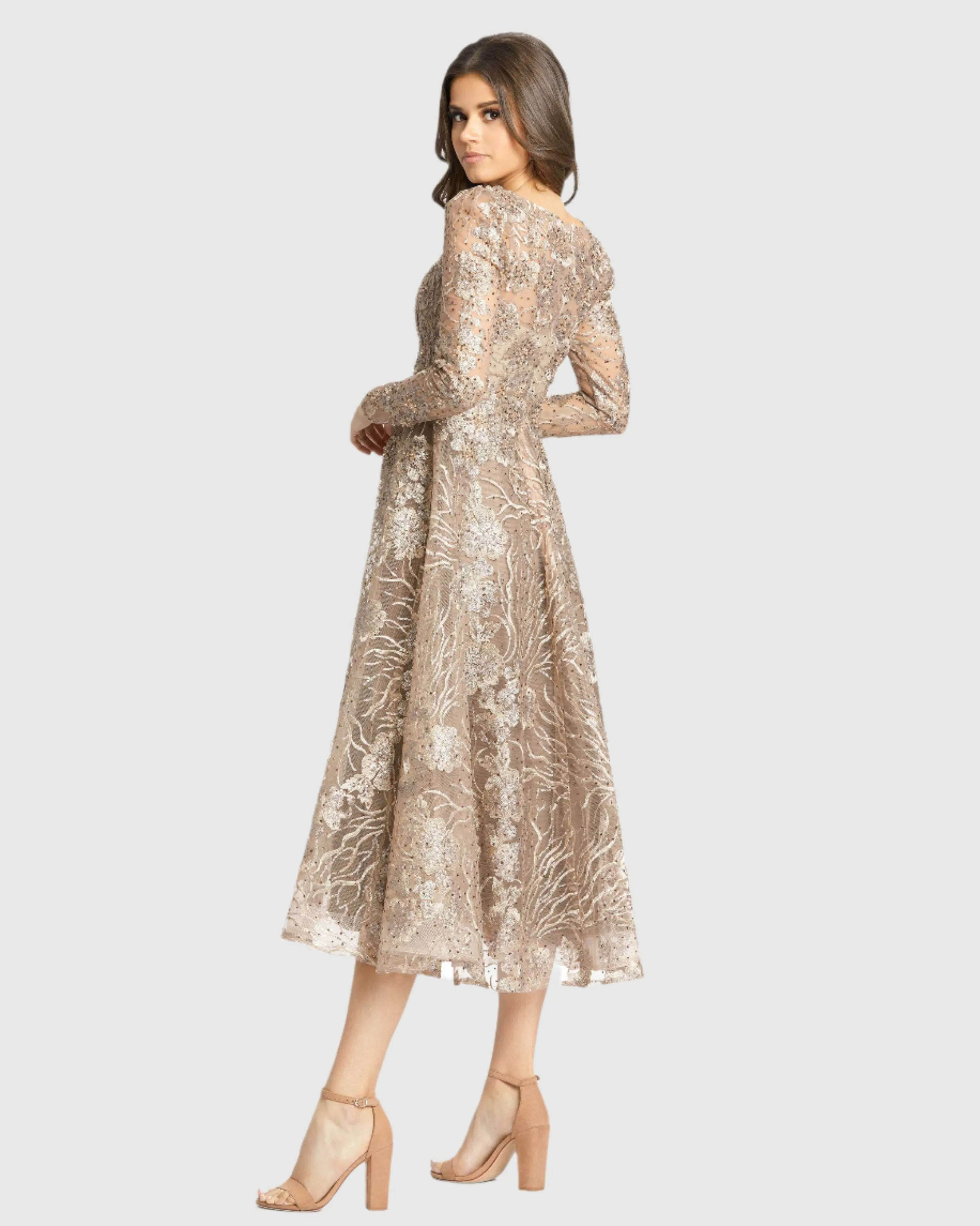 Beige Embellished Plunge Neck Long Sleeve Midi Dress sold by Mac Duggal product image thumbnail 3