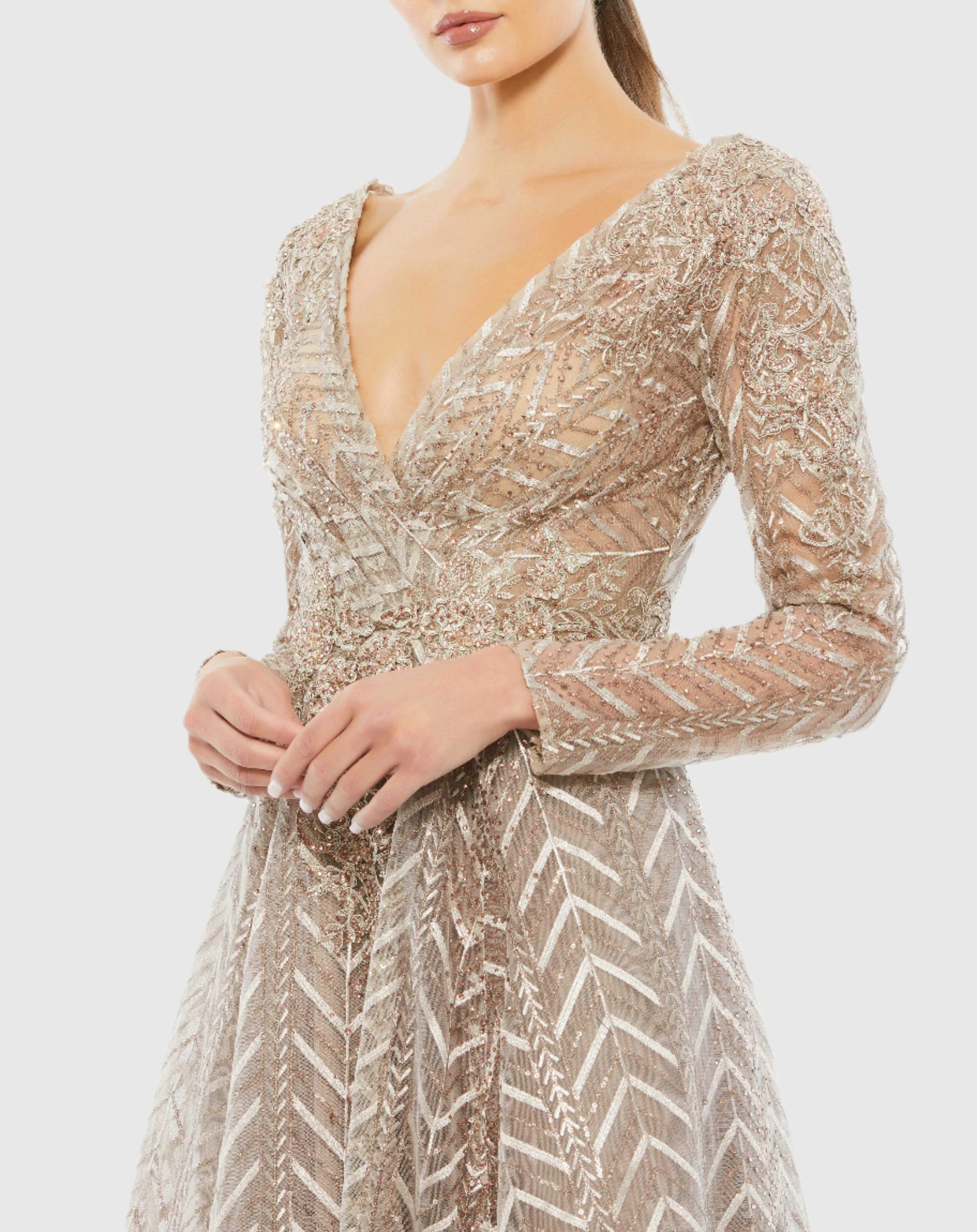 Beige Embellished Illusion Long Sleeve Wrap Over A Line Gown sold by Mac Duggal product image thumbnail 2