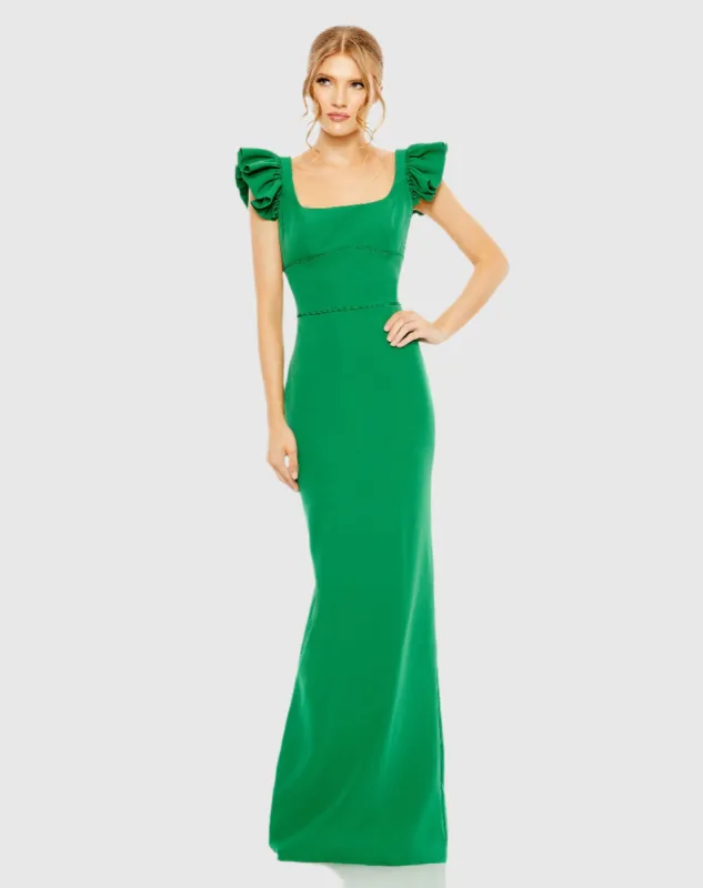 Green Ruffle Cap Sleeve Open Back Column Gown sold by Mac Duggal
