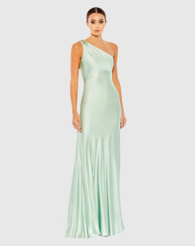 Green Beaded One Shoulder Column Gown sold by Mac Duggal