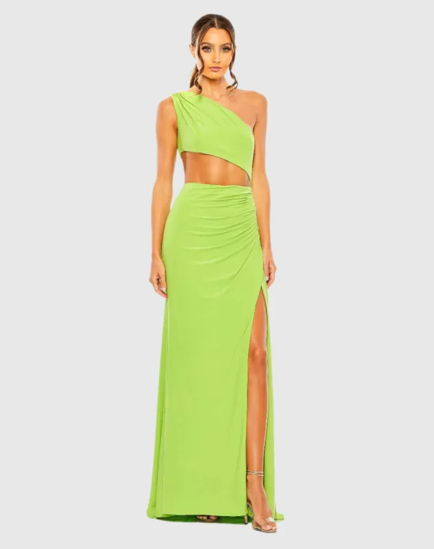 Green Cut Out One Shoulder Ruched Back Gown sold by Mac Duggal