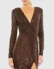 Brown Sequined Long Sleeve Faux Wrap Ruched Gown sold by Mac Duggal