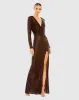 Brown Sequined Long Sleeve Faux Wrap Ruched Gown sold by Mac Duggal