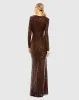 Brown Sequined Long Sleeve Faux Wrap Ruched Gown sold by Mac Duggal