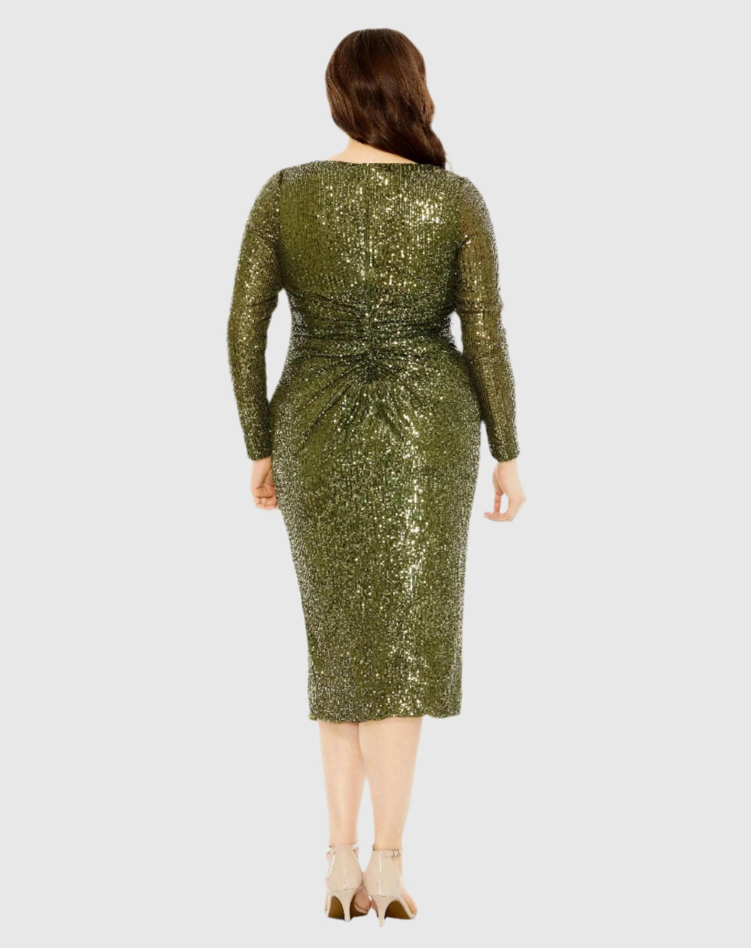 Green Long Sleeve Sequin Gathered Waist Dress sold by Mac Duggal product image thumbnail 3