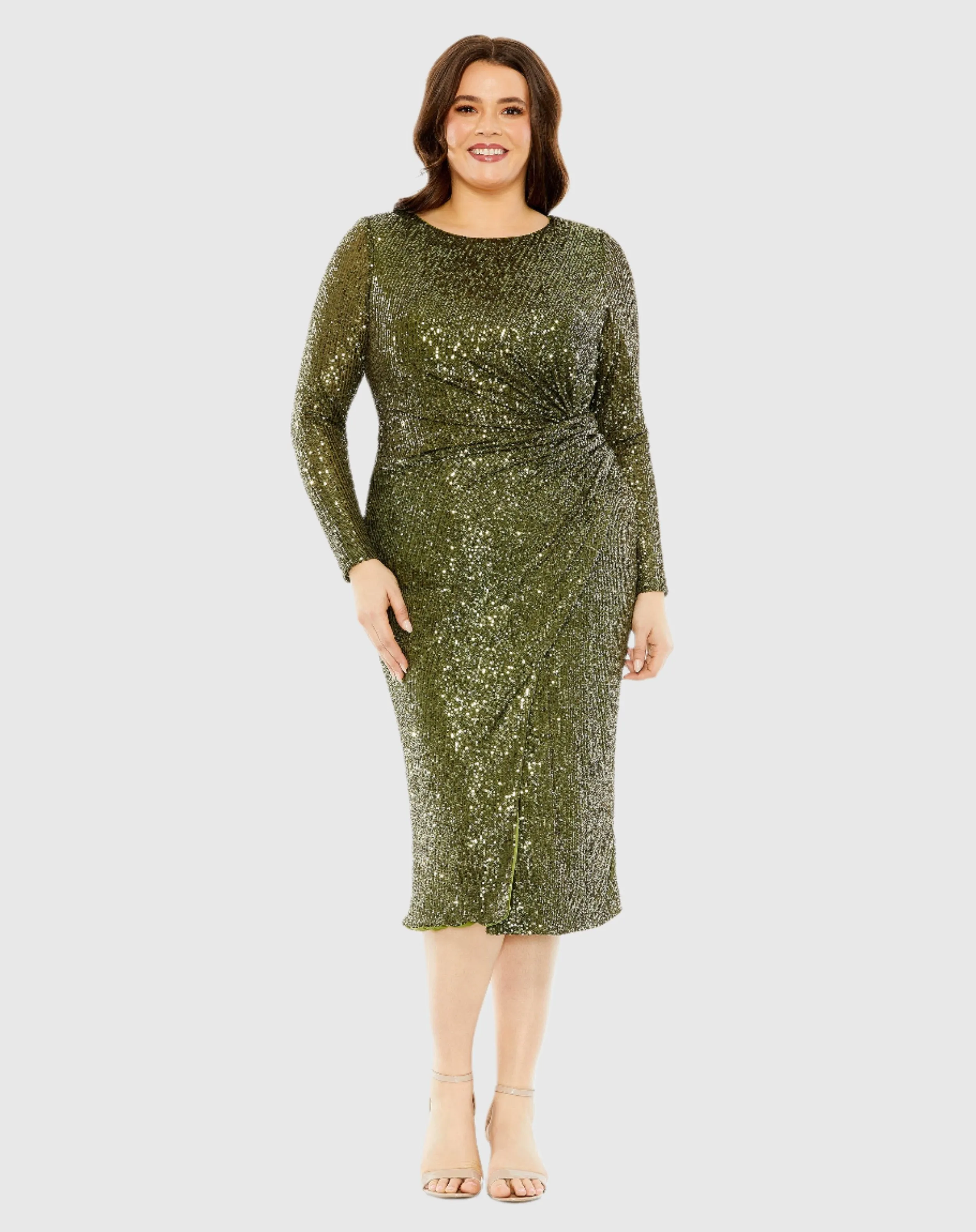 Green Long Sleeve Sequin Gathered Waist Dress sold by Mac Duggal