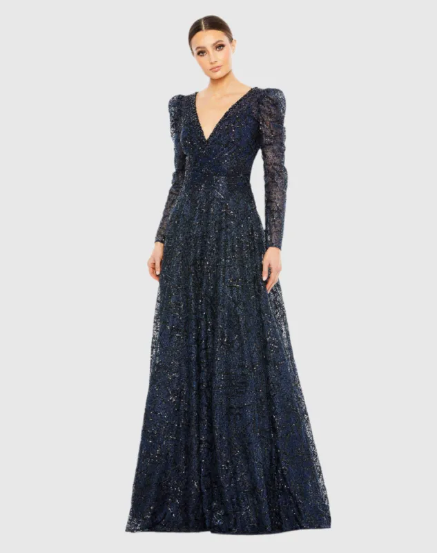 Navy Embellished V Neck Long Sleeve A Line Gown sold by Mac Duggal